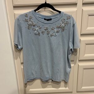 Maje Light Blue Crystal-Embellished Crewneck Tee